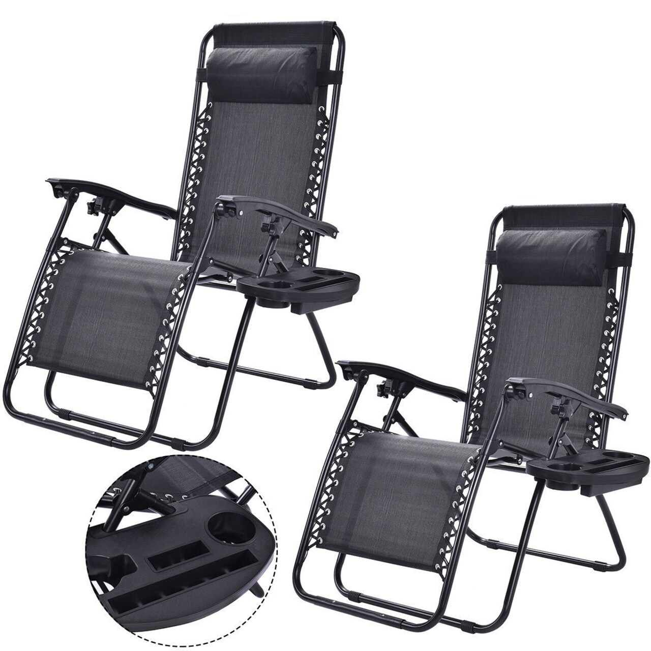 Set of 2 Folding Zero Gravity Recliner Chairs with Cup Holder Tray and Headrest for Patio or Lawn